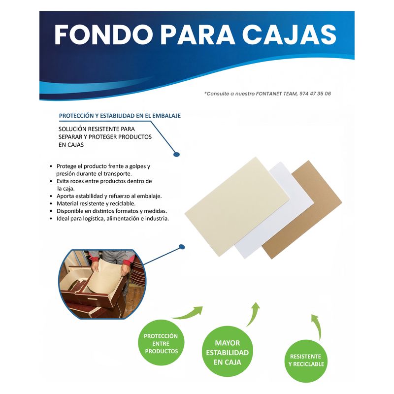 Scheda di catalogo dei fondi per scatole: tre fogli color crema, bianco e kraft e un operatore che posa un fondo in una scatola