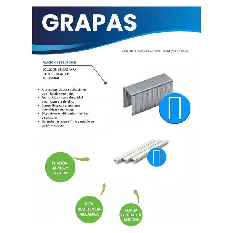 Hoja de catálogo de grapas industriales con peines de grapas de acero