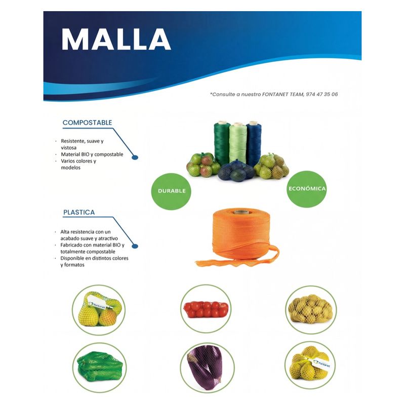 Catalogue sheet of netting with coloured reels, an orange reel and netted fruit and vegetables