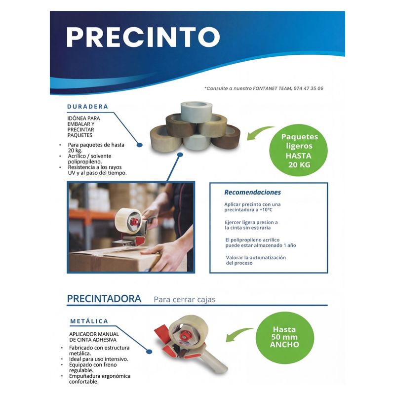 Scheda prodotto del nastro adesivo con rotoli trasparenti e avana, applicatore manuale e raccomandazioni d'uso