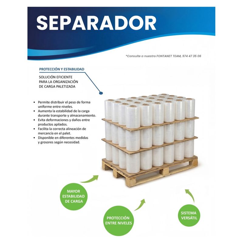 Hoja de catálogo del separador: palé con tres capas de bobinas de film separadas por láminas de cartón