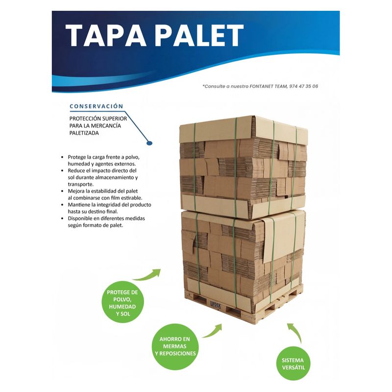 Hoja de catálogo de la tapa palet: dos palés de cajas plegadas con tapas de cartón y fleje